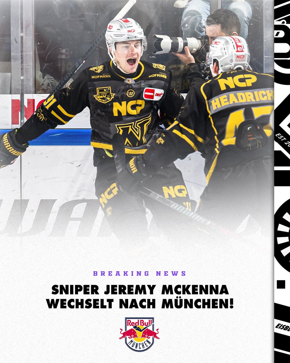 Wechsel bestätigt! ✅ 

„Der EHC Red Bull München hat sich in der Offensive verstärkt und Stürmer Jeremy McKenna verpflichtet. Der 25-jährige Kanadier wechselt vom Ligakonkurrenten Nürnberg Ice Tigers in die bayerische Landeshauptstadt.“

#EisblogNews 🧊
-
📸 City-Press