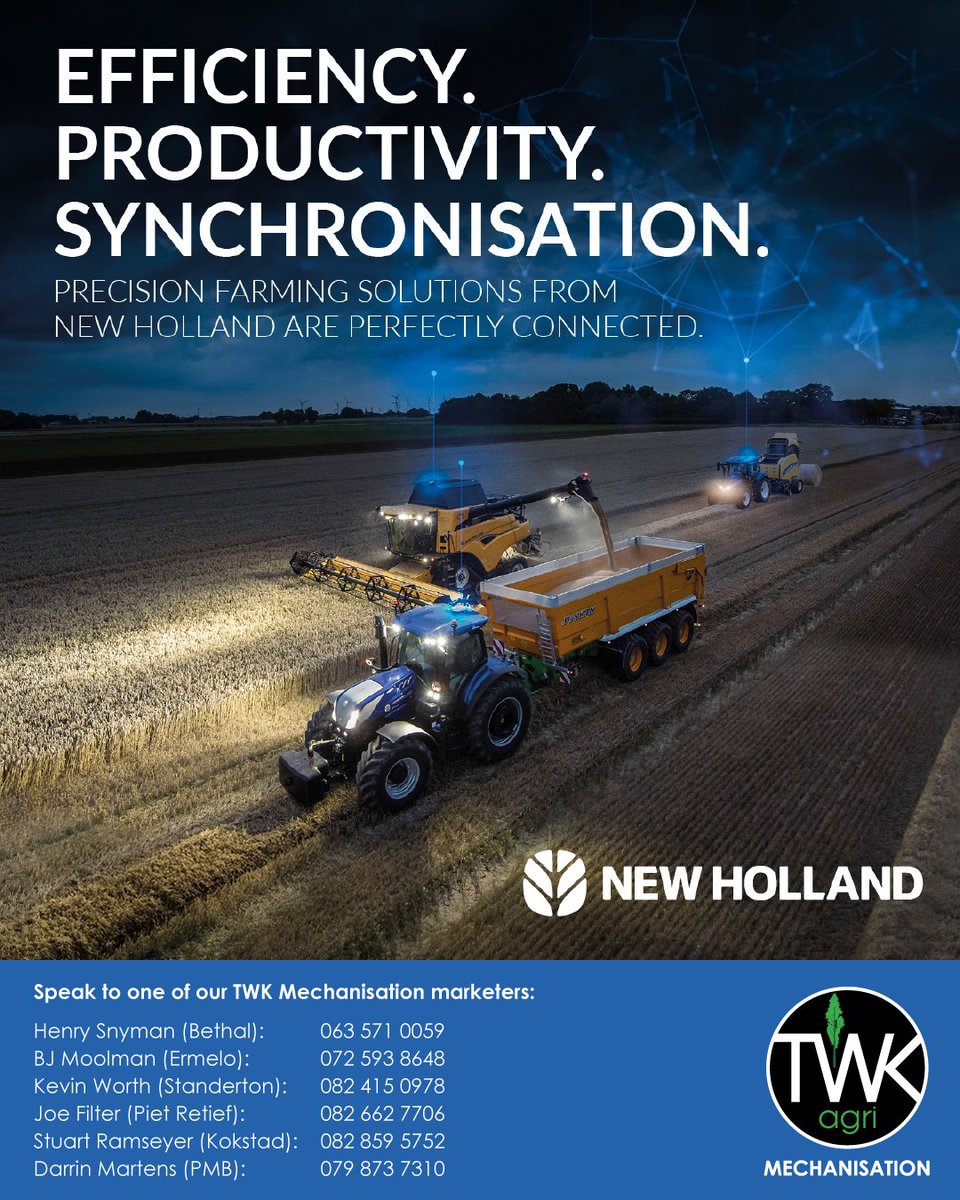 EFFICIENCY. PRODUCTIVITY. SYNCHRONISATION. With New Holland’s advanced equipment and TWK Agri’s expert support, your farming operations stay perfectly connected.

Speak to one of our marketers today.

#NewHolland #PrecisionFarming  #SmartFarming #AgTech #FarmForward
