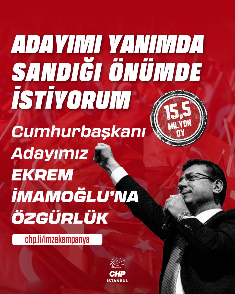 “Adayımı yanımda, sandığı önümde istiyorum” kampanyamıza destek vermek isteyen halkımızı, adalete, demokrasiye ve hukuka inanan tüm İstanbulluları,
 
Cumhurbaşkanı Adayımız Ekrem İmamoğlu’na özgürlük için imza atmaya çağırıyoruz.
 
📌 22 Nisan 2025’e kadar CHP İstanbul İl
