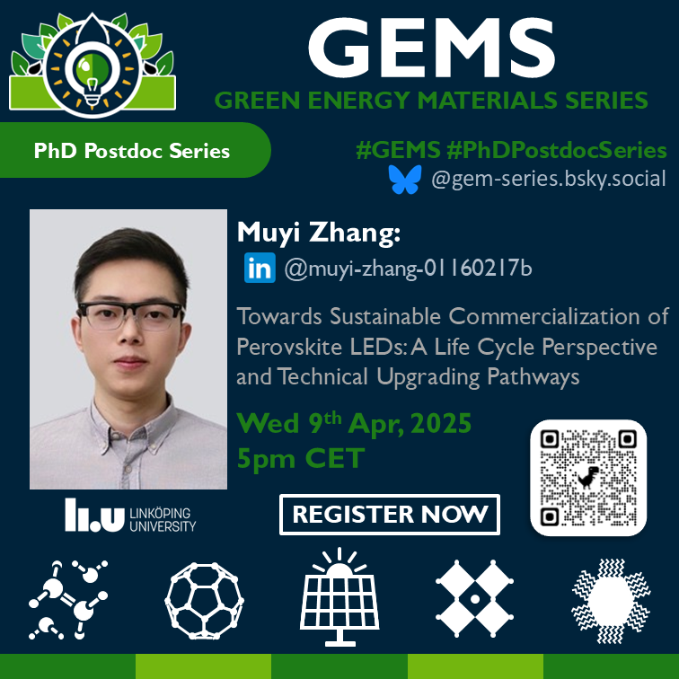 Simon Kahmann (@skahmn) on Twitter photo Our next <a href="/GEM__series/">Green Energy Materials Series</a> talk takes place tomorrow! Join us for Muyi's talk on the commercialisation of perovskite LEDs at 5pm Berlin time. Our next <a href="/GEM__series/">Green Energy Materials Series</a> talk takes place tomorrow! Join us for Muyi's talk on the commercialisation of perovskite LEDs at 5pm Berlin time.
