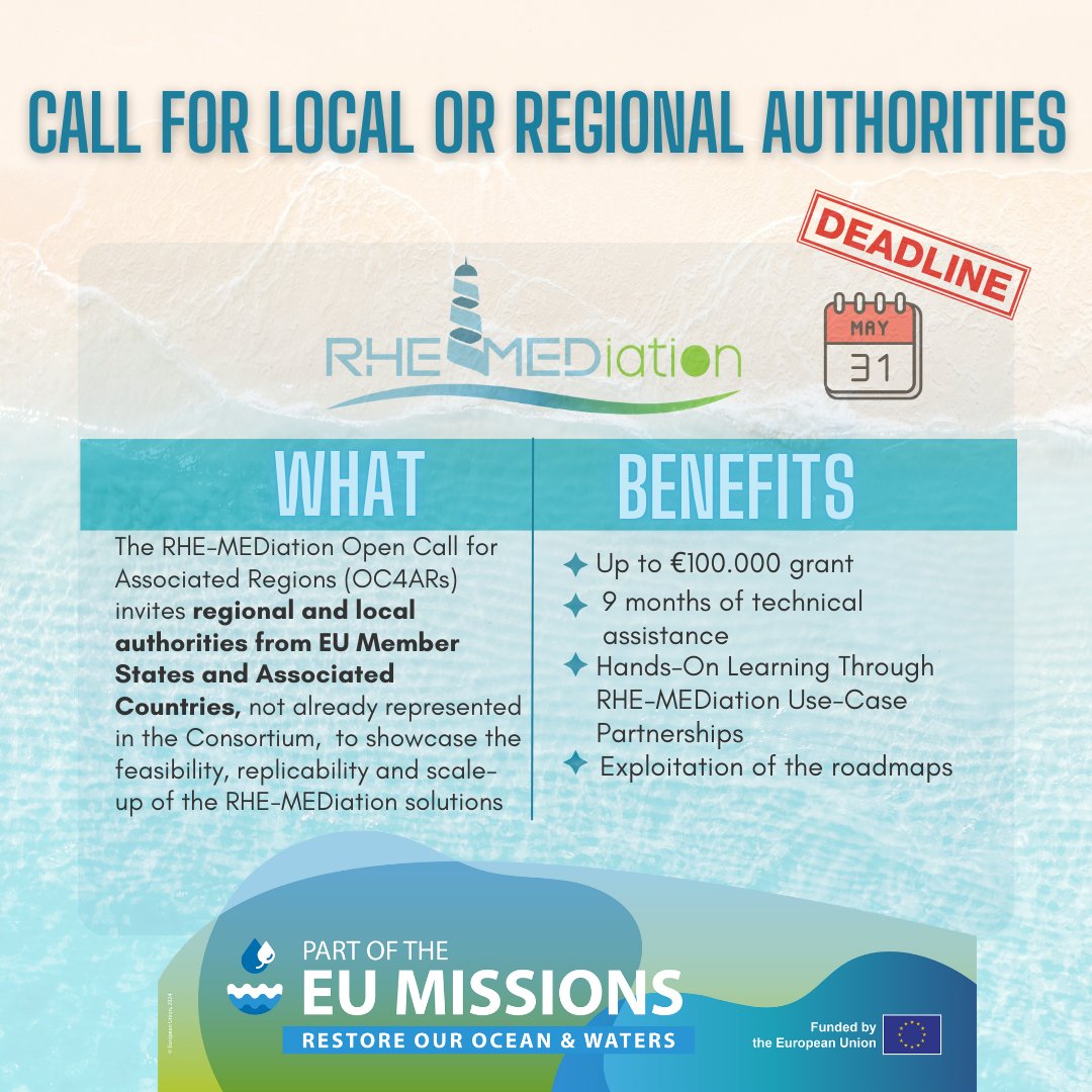rhemediation's tweet photo. 💧 Are you a regional/local authority in the EU or an Associated Country (not in the #RHEMEDiation Consortium)?
Apply for up to €100K to replicate our solutions!
📺 Missed the webinar? Watch it here 👉 https://t.co/rgRQLExJA9

#MissionOcean #EUMissions https://t.co/IRLtiWpjQ4