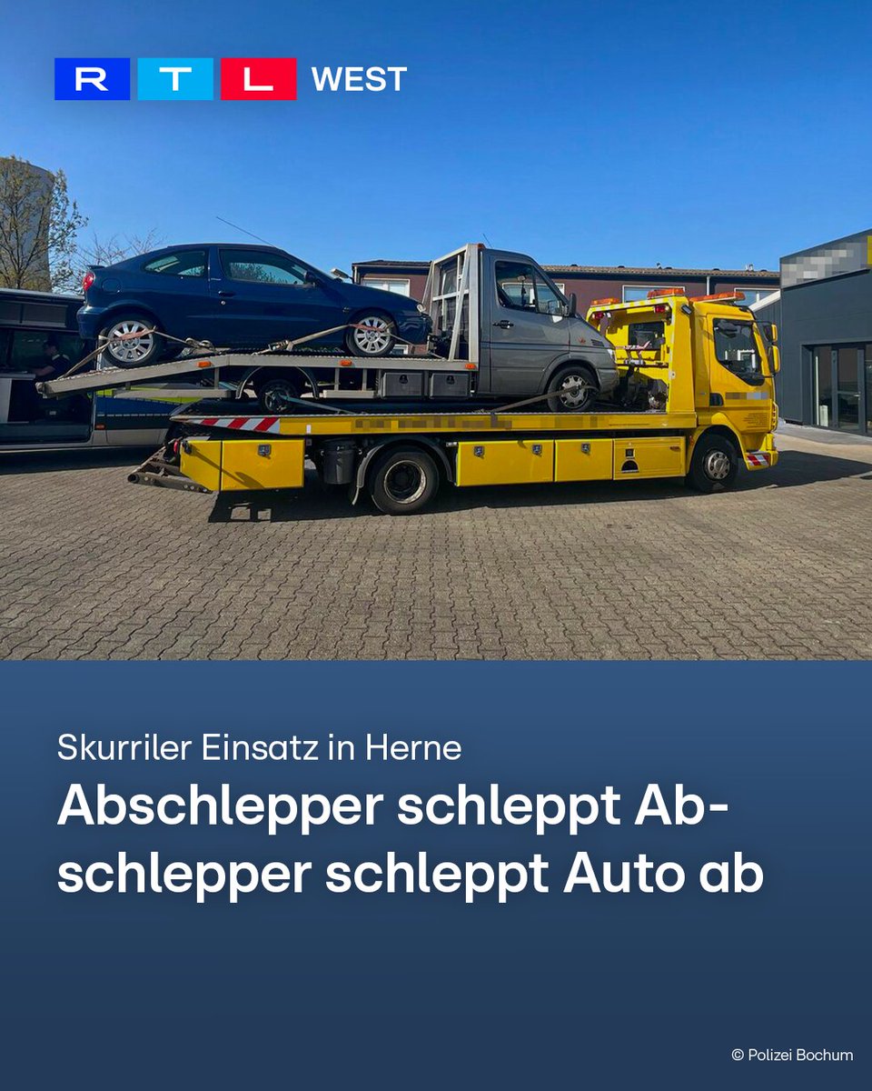 RTLWEST's tweet photo. Ein großer #Abschleppwagen transportiert einen kleineren #Abschlepper. Der wiederum hat ein Auto geladen. Diese kuriose Szene spielte sich am Wochenende in #Herne ab. Die #Polizei stoppte das Gespann. Hintergrund: Der kleinere Abschlepper hatte auf der Autobahn eine #Panne. Deshalb kam der große Abschlepper zur Hilfe. Doch es geht noch weiter: der Fahrer des großen Wagens hatte keinen gültigen Führerschein. Deswegen ermittelt jetzt die Polizei – und das Gespann durfte nicht weiterfahren.