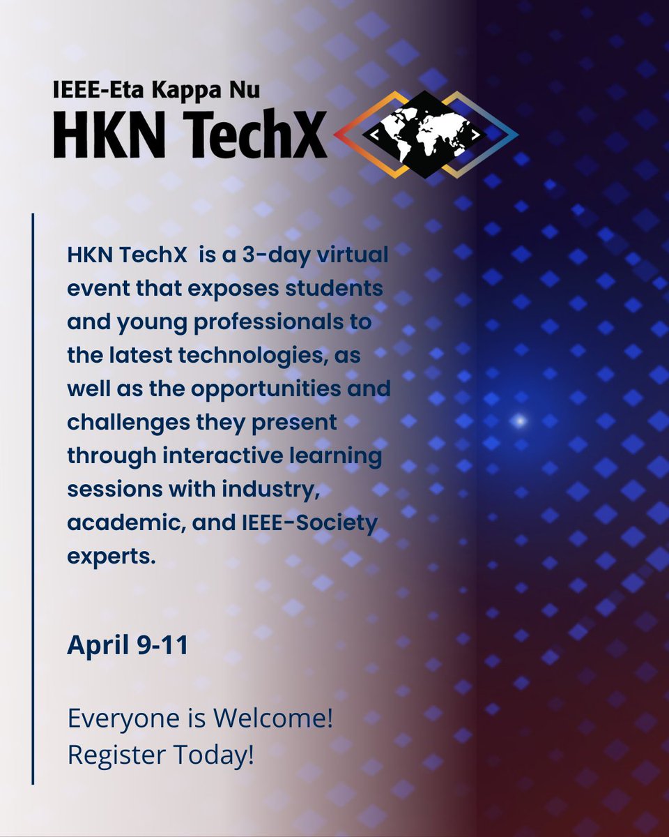 HKN TechX kicks off tomorrow! Register and join us online for 3 days of panels, networking, a recuitment fair, and more! Register here: techx.hkn.events/registration/ #HKNTechX