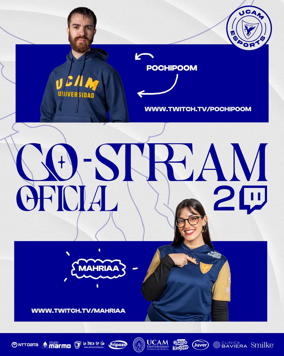 UCAM_esports's tweet photo. 🔵 DOBLE CO-STREAM 🔵

¡Doble emoción! @PochiPoom y @mahridia unirán sus directos para ver nuestros partidos de #SuperligaDominos.

Estarán acompañados por @CabraVoladoraST e @Ismael_Belando 🙌

Contamos con vosotros en https://t.co/gFfE7ToQXv y https://t.co/P2coii9bhF https://t.co/XJUdAxDPyy