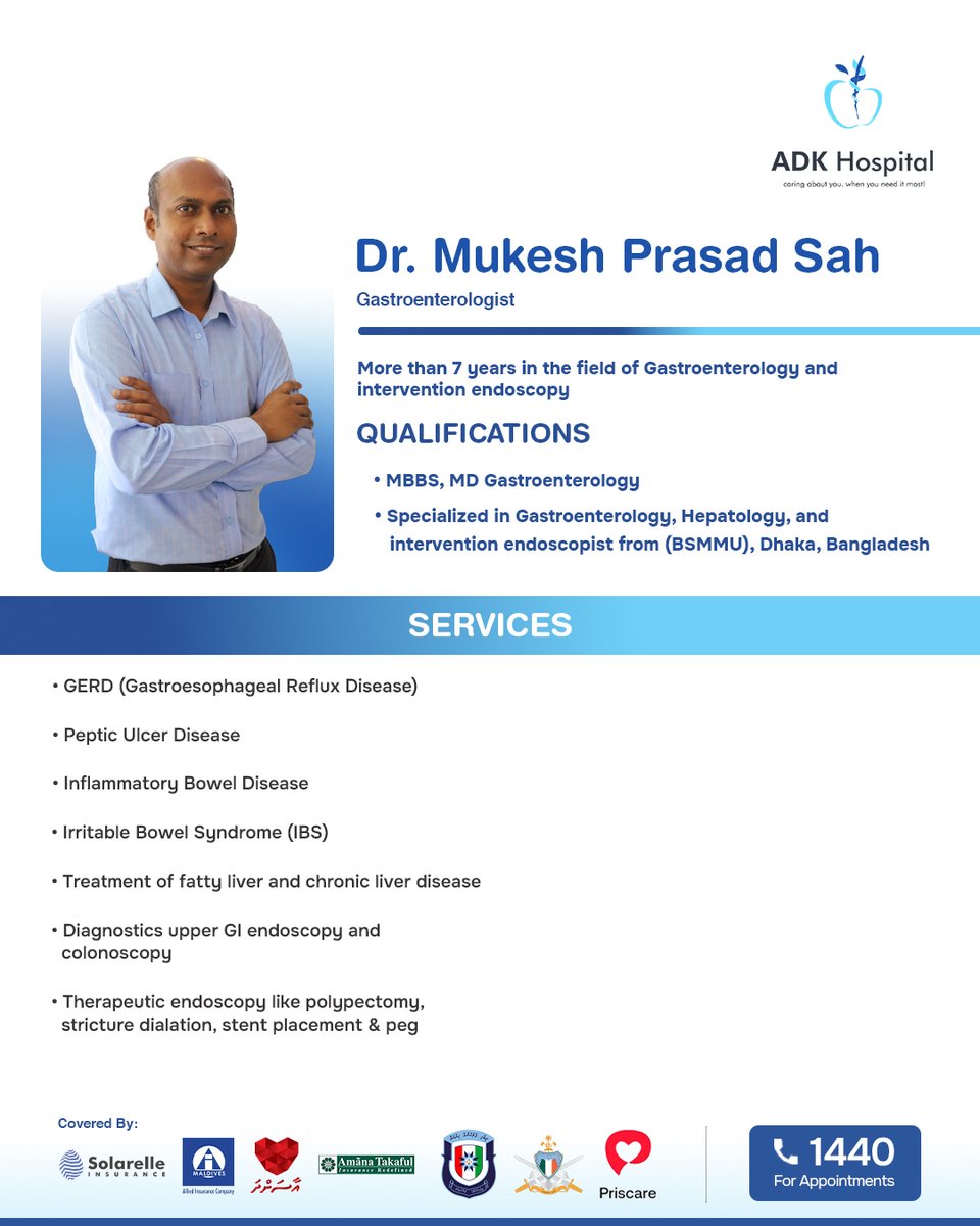ADKHospital's tweet photo. Meet Dr. Mukesh, Our consultant in Gastroenterology.
Please contact 1440 for appointments.
#TeamADK #MeetTheDoc #ADKHospital https://t.co/1KCcyUmaZv