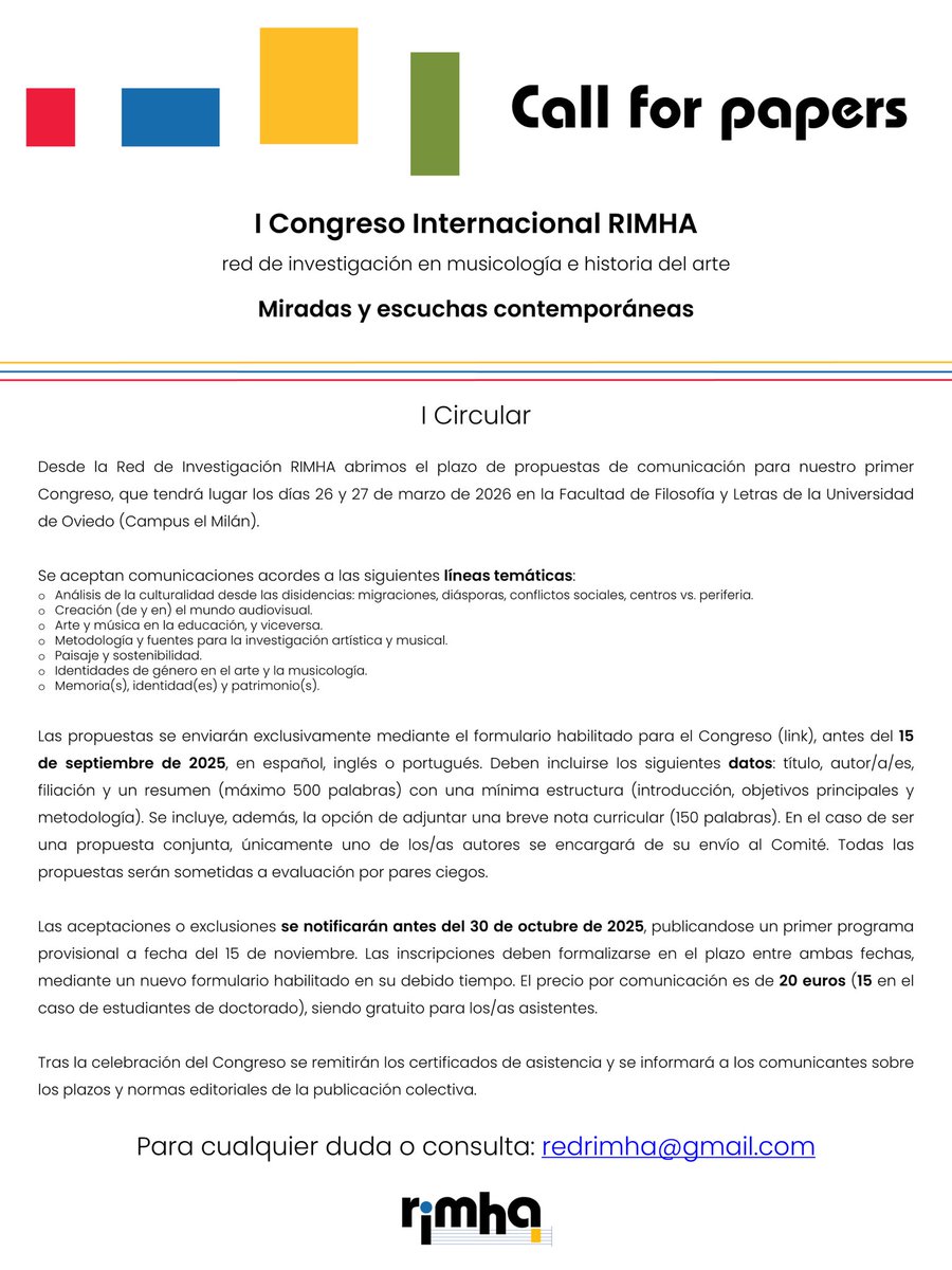 RedRIMHA's tweet photo. ES 👋🏻 Lo prometido es deuda

🟥 Desde RIMHA lanzamos el CFP
🟦 de nuestro primer evento
🟨 “Miradas y escuchas contemporáneas”

🗓️ ¡Apuntad las fechas! Tenéis hasta el 15 de septiembre de 2025. 

Propuestas aquí: https://t.co/52W7VMpkb4 https://t.co/VpOVKVGs99