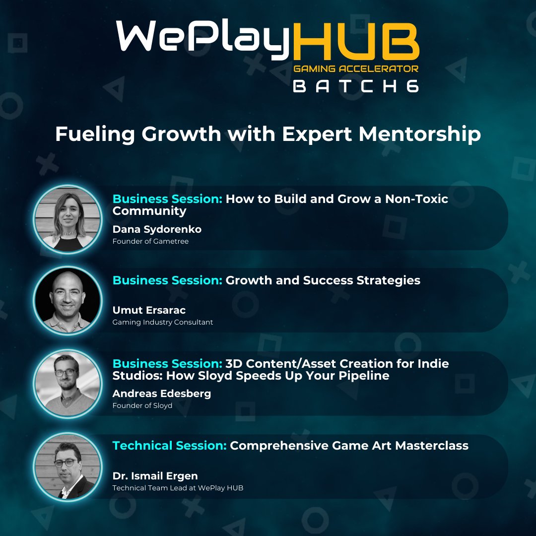 weplayhub's tweet photo. A huge thank you to our incredible mentors who shared their expertise with our startups in March! 🎮

At WePlay Hub, we believe that mentorship is one of the most valuable assets for growing studios, and we’re grateful to have industry leaders guiding our founders through key challenges⚡️

🎯 Dana Sydorenko 🇺🇦 – How to Build and Grow a Non-Toxic Community
🎯 Umut Ersaraç 🕹🎮  – Growth and Success Strategies
🎯 Andreas Edesberg – 3D Content/Asset Creation for Indie Studios: How Sloyd Speeds Up Your Pipeline
🎯 Dr. Ismail Ergen, - Comprehensive Game Art Masterclass
🎯 Didem Koskos Gürel & Barış Balta – AWS Cloud Day
🎯 Emir Uzunoğlu & Emre Ozan Memiş - Microsoft Azure Day

Your insights and hands-on advice have helped our founders refine their strategies, enhance their technical expertise, and strengthen their positioning in the gaming industry.

Thank you for being a part of our journey and for supporting the next generation of gaming entrepreneurs! 🚀

#WePlayHub #Mentorship #GameStartups #ASO #UAOptimization #Pitching #GameDesign #GamingEcosystem