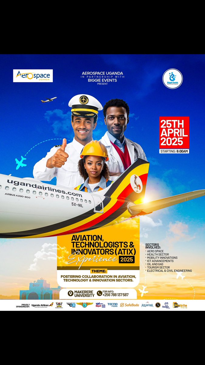 🚨 BREAKING: 

Biggie Events is proud to announce our partnership with Aerospace Uganda for the Aviation, Technologists, and Innovators Experience (ATIX) 2025!

This premier event willl feature a conference and an Expo bringing together professionals, industry leaders.