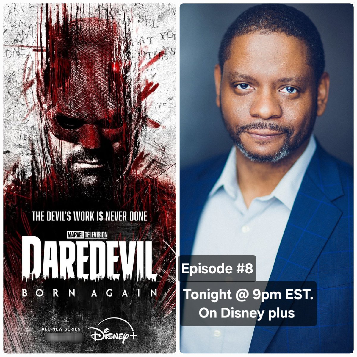 DwayneRGrant's tweet photo. EPISODE #8, Tonight at 9pm EST, on Disney Plus. If your a Daredevil Fan, you don't want to miss it. #grateful #DAREDEVILBornagainâŻâŻâŻ #Marvel #Disneyplus #fige #marvelstodios https://t.co/E7fIjRAB3w