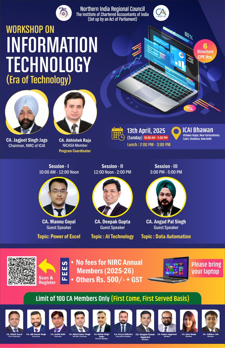 thenirc's tweet photo. 🚀 Workshop on InfoTech
Excel • AI • Data Automation 💻
📅 13 Apr | ⏰ 10 AM–5 PM
📍 ICAI Bhawan, Vishwas Nagar
🧠 6 CPE Hrs | 💼 CA Members Only
📲 Register via NIRC App
#NIRCofICAI #CAinTech #CPEwithNIRC https://t.co/0hIaPPEajg