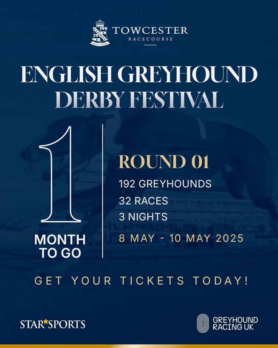 🏆Only one month to go until the First Round of The 2025 Star Sports &amp; TRC English Greyhound Derby! 

Get your tickets now: tickets.greyhoundracinguk.com  #EnglishGreyhoundDerby #SportsEvent #DerbyCountdown #GetYourTickets