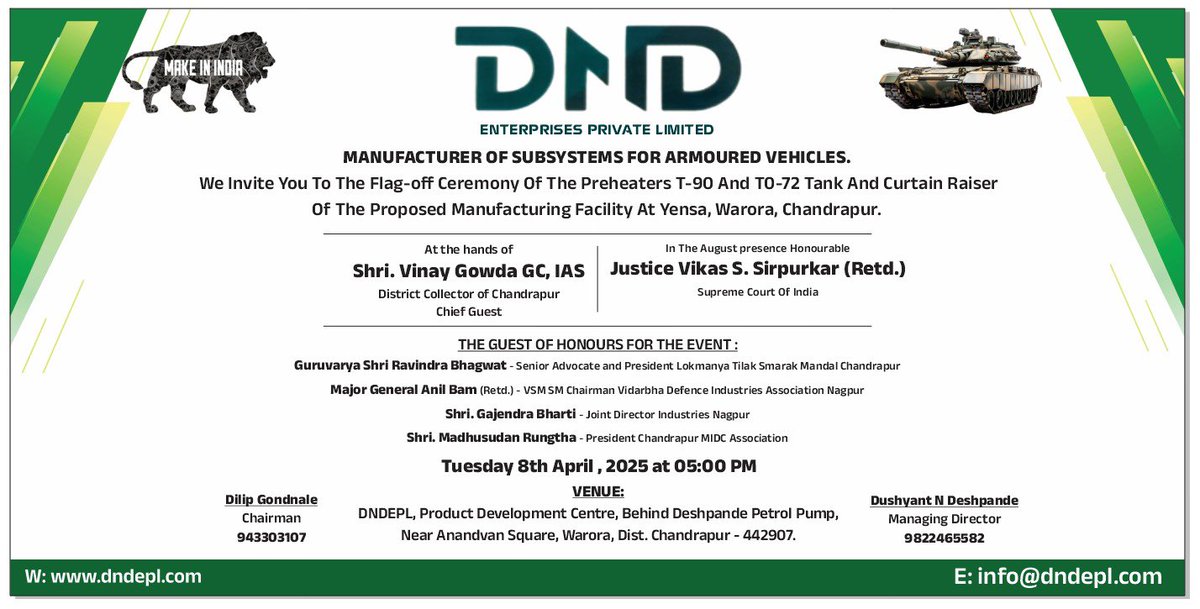 Today, DNDEPL is dispatching Indigenously built Preheater for T-90 Tanks. A import substitute. Flagging off ceremony is due at 5.00 PM at our Warora plant by Justice Vikas S Sirpurkar Retired Judge SCI and Vinay Gowda GC, IAS, collector District Chandrapur Maharashtra.