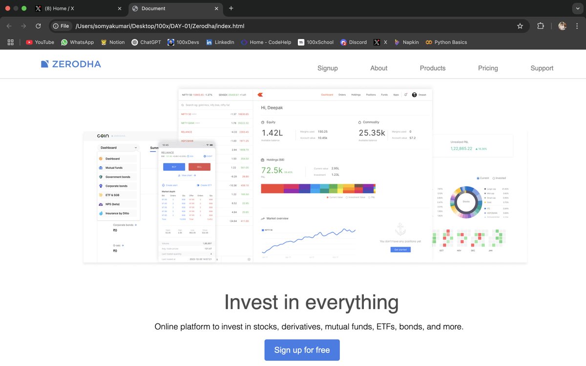 Somya_Baran's tweet image. I built this Zerodha UI Clone.
Tried to keep the layout clean, minimal, and true to the original.
Tell me how this looks...😁
@kirat_tw
#Zerodha #100xSchool #FrontendProject