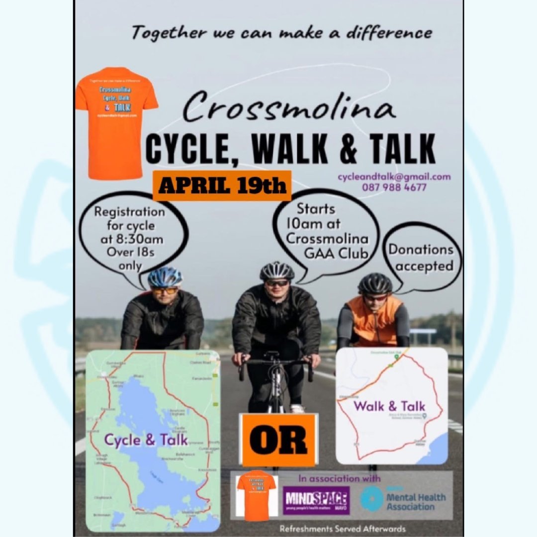 Mayo Mental Health Association (@mayomha) on Twitter photo CROSSMOLINA | CYCLE, WALK & TALK
A fantastic fundraiser event taking place in aid of Mayo Mental Health Association and <a href="/mindspacemayo/">Mindspace Mayo</a> - whether you cycle or walk on the day, join in for a chat along the way!
📆 Saturday 19th April
🕙 10am
📍 Crossmolina GAA Club CROSSMOLINA | CYCLE, WALK & TALK
A fantastic fundraiser event taking place in aid of Mayo Mental Health Association and <a href="/mindspacemayo/">Mindspace Mayo</a> - whether you cycle or walk on the day, join in for a chat along the way!
📆 Saturday 19th April
🕙 10am
📍 Crossmolina GAA Club
