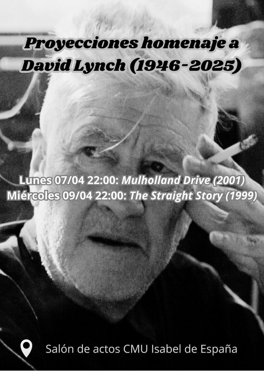 Esta semana proyectaremos dos películas para rendir homenaje a David Lynch, director que dejó una huella única en la historia del cine.​

Os invitamos a disfrutar de su cine en la pantalla grande de nuestro Mayor.

#actividadescmuisabel #DavidLynch