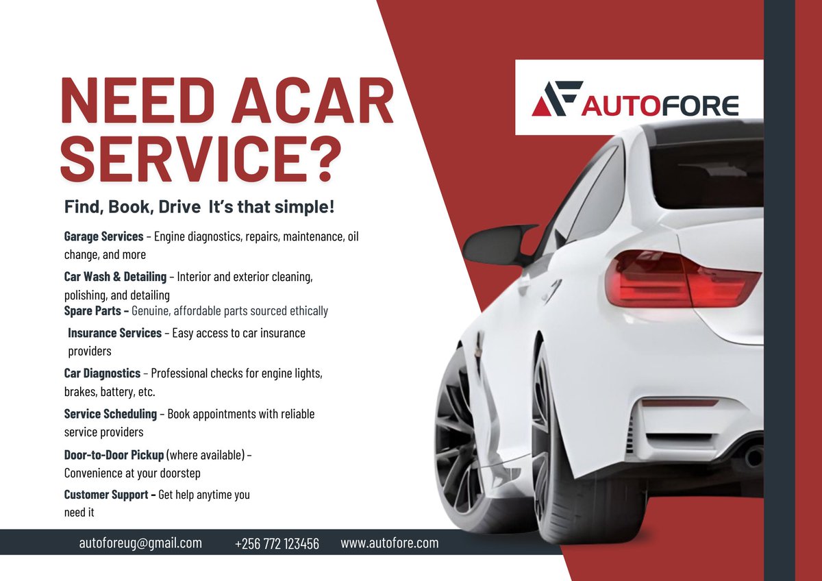 AutoforeUg's tweet image. Find, Book, Drive — It’s that simple!
AutoFore connects you to trusted car services across Uganda. From garages to parts &amp;amp; more, we’ve got your ride covered.
Start today ➡️ [autofore.com]
#AutoCare #AutoFore #CarCareSimplified