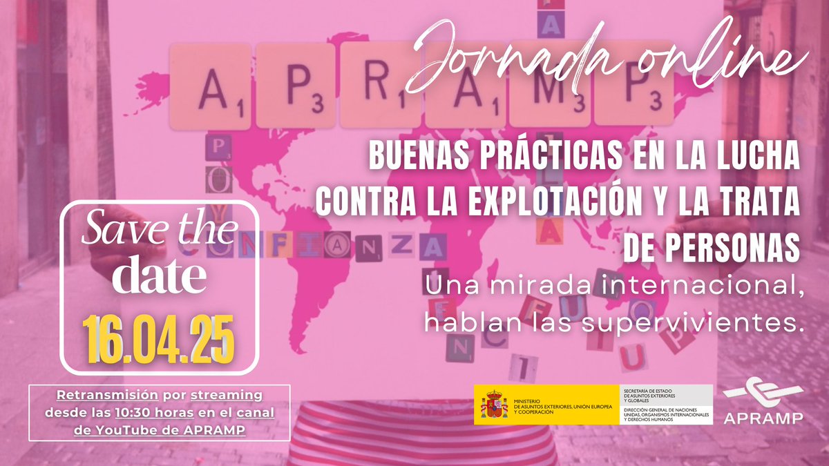 🔔 SAVE THE DATE 🔔
El 16/4 celebramos la jornada online "Buenas prácticas en la lucha contra la explotación y la trata de personas. Una mirada internacional, hablan las supervivientes", retransmitido por streaming 🌍

📌 ¡Activa notificaciones para conocer más! #ContraLaTrata