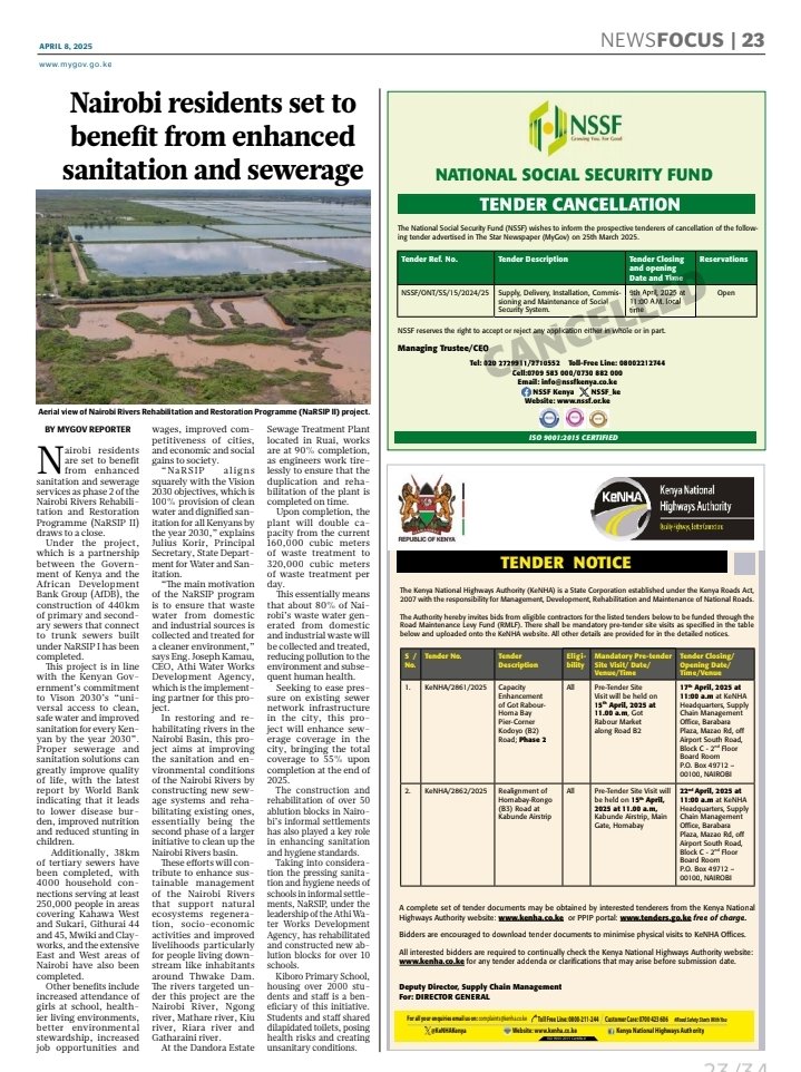 AthiWaterWorks's tweet photo. The road to enhanced sanitation and sewerage services for Nairobi is on course through the Nairobi Rivers Sewerage Improvement Project Phase II (NaRSIP II). Read today's MY GOV newspaper page 23 for more insight. https://t.co/qqchoYa65H
