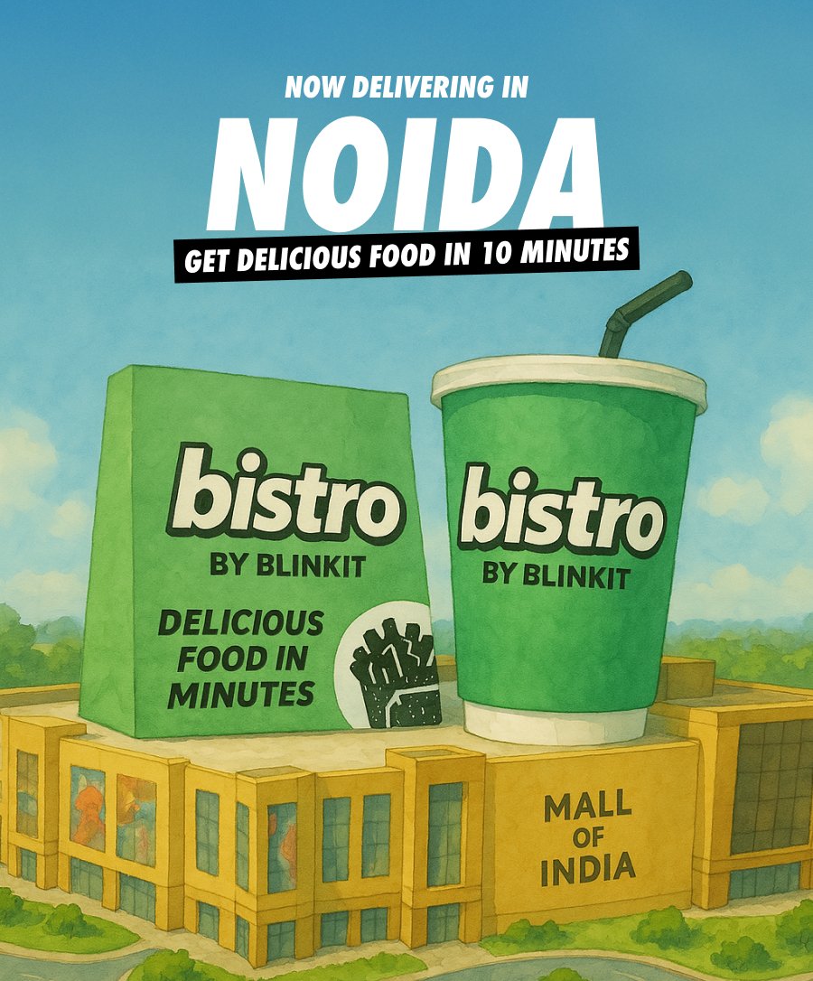 bistrobyblinkit's tweet photo. We’re now live in Noida 💚

If you’re chillin’ in Film City, Sector 18, 62, 46, 4, or Gaur City, your food and drinks are just 10 minutes away 🚀

Coming to other areas soon ✌️ https://t.co/UcYO0SOLGA
