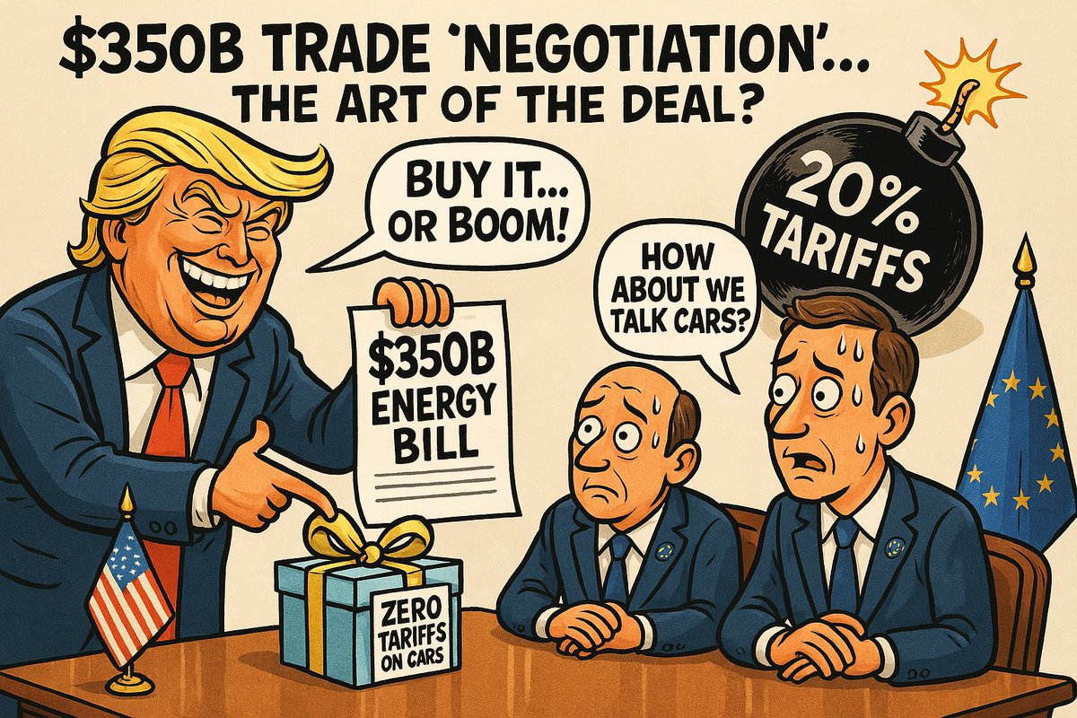 ScalpingWolfR's tweet photo. 🇺🇸🇪🇺 Trump demands EU buy $350B in US energy to avoid 20% tariffs, rejecting EU’s zero-tariff offer on cars &amp; goods. Trade deficit of $350B at stake—will the EU budge? 🤔 #TradeTensions #USEU #Energy" https://t.co/2PaC1dqPg1