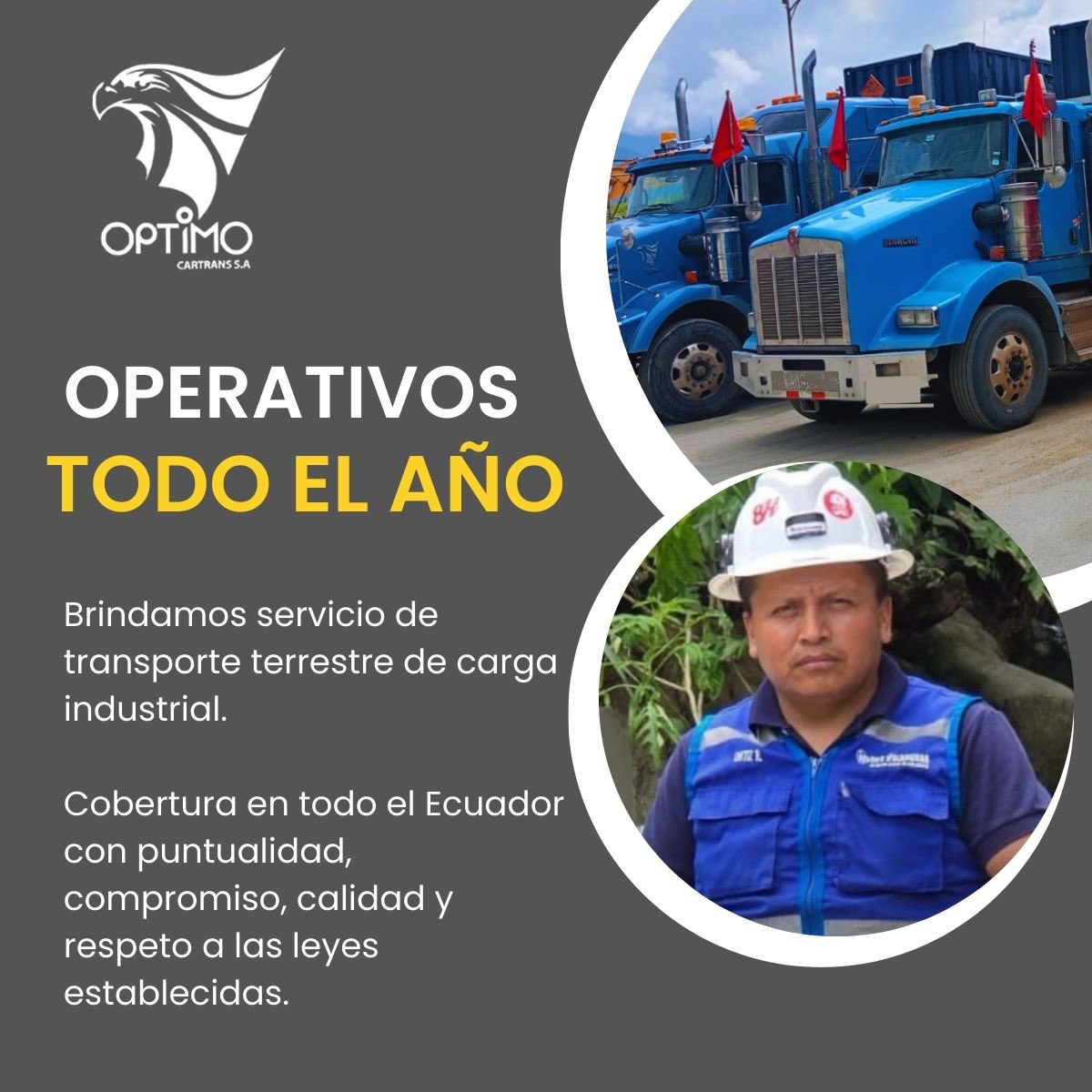 OptimocarTr's tweet photo. 🚚🚛 Servicio de transporte terrestre de carga industrial. Servimos durante todo el año a sectores estratégicos del país: minería y construcción.

#Optimocartrans #transportepesado #cargaindustrial https://t.co/hWoyXrlboW