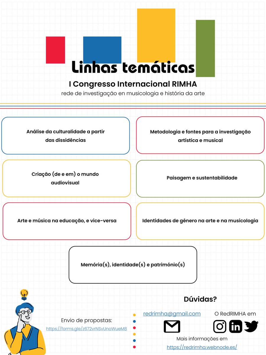 RedRIMHA's tweet photo. 🟥 Hay 7 líneas temáticas 
🟨 a las que suscribir vuestra propuesta
🟦 Educación, género, diseño, metodologías, memoria, patrimonio,… 

Toda la info y sus descripciones, en: https://t.co/06XdTmUojR https://t.co/m2eyGtBcB4