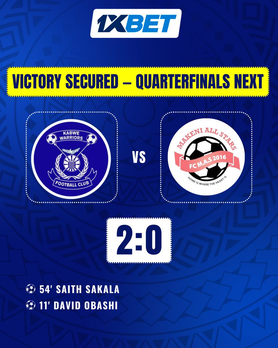 1xBet_Zambia's tweet photo. Quarterfinals, here we come!
Kabwe Warriors book their spot in the #ABSACup with a 2-0 win over Makeni All Stars! ⚽🔥
Big congrats to the team — let’s keep it going!
#KabweWarriors #QuarterfinalsBound #1xBet ⚔️🏆 https://t.co/nq3lYMzt14