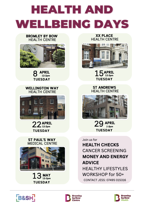 Bromley_by_Bow's tweet photo. A health and wellbeing day is happening today from 12-2pm at the Bromley by Bow Health Centre, right next door to us on St Leonard's Street, E3 3BT. All welcome to come along. More days happening across April and May, see the poster... https://t.co/FoexdJxVx6