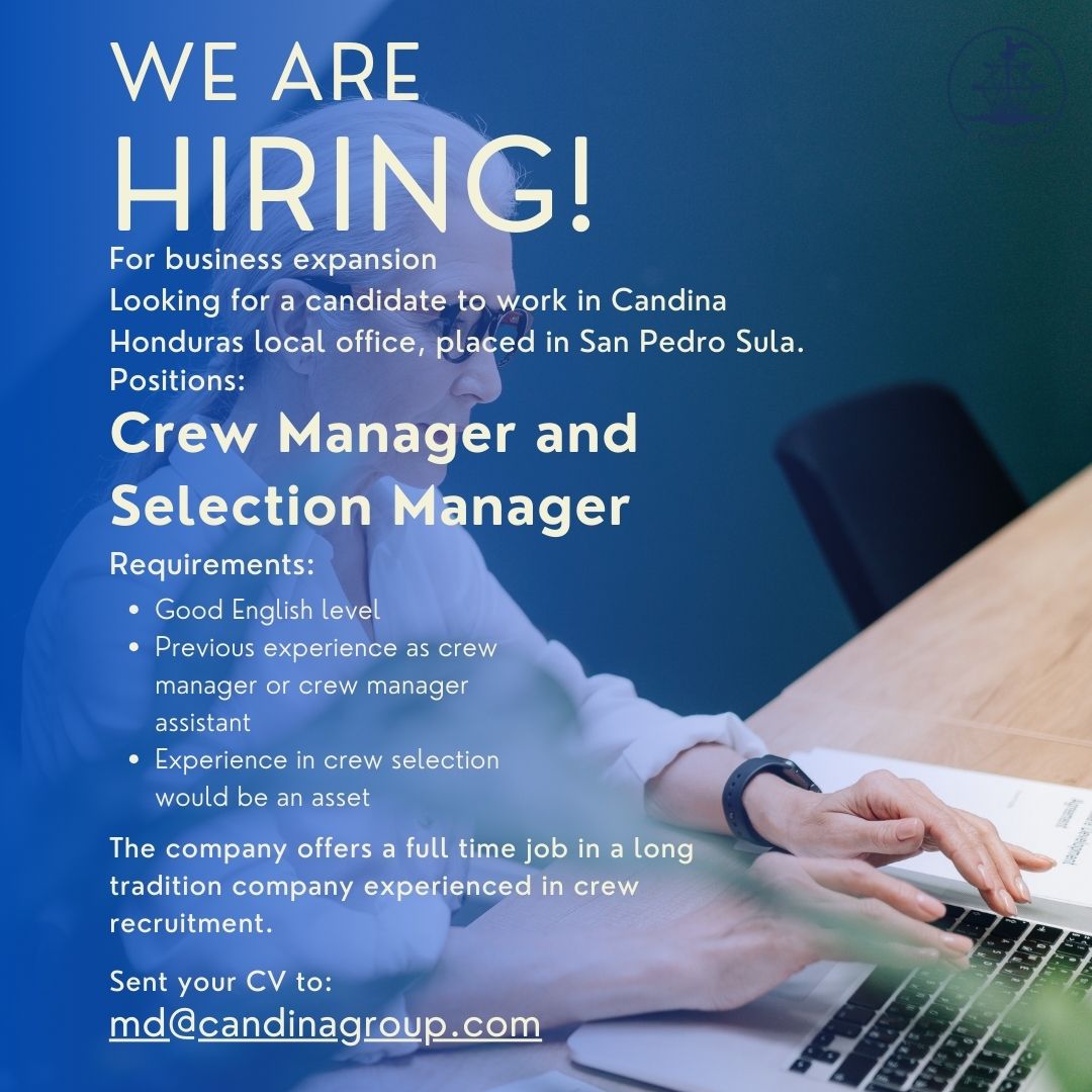 CandinaGroup's tweet image. 🚀 We're hiring! 🚀 Join our team as a Crew Manager or Selection Manager.
#JobOpportunities #Hiring #CrewManager #SelectionManager #Careers #NowHiring #MaritimeJobs #HondurasJobs #TrabajoEnHonduras #Recruitment #SeafarerSupport #MaritimeIndustry #JoinOurTeam