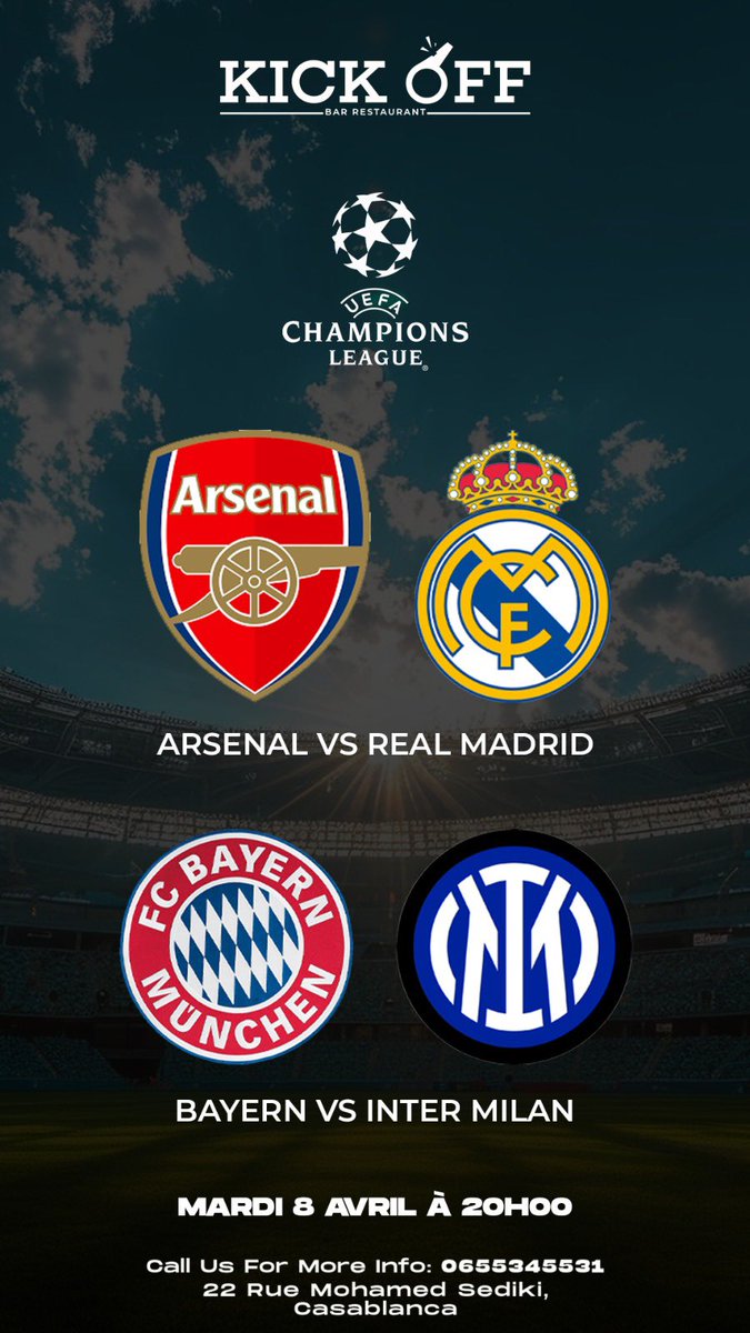 Kickoffcasa's tweet photo. Alright y’all, it’s that time again — another night full of suspense!
The world’s gonna hit pause for a bit ‘cause these Champions League quarter-finals are about to go crazy.

Don’t even think about missing the main event:

Arsenal vs Real Madrid
Bayern Munich vs Inter Milan

This ain’t just football — it’s war on the pitch!