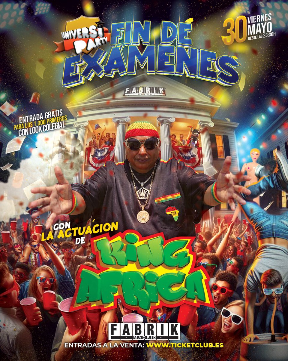La mayor fiesta de FIN DE EXÁMENES de Madrid con desmadre XXL donde Project X te parecerá una fiesta infantil

🎉📚<a href="/UniversiParty/">UniversiParty</a> FIN DE EXÁMENES 📚🎉
Con <a href="/KingAfricaOfc/">King Africa</a> 

🗓️ Viernes 30 Mayo
🕦 Desde las 23:30
📍<a href="/fabrikdiscoteca/">FABRIK</a> 

🎫 ENTRADAS - Desde 15€
ticketclub.es/es/plans/34328…