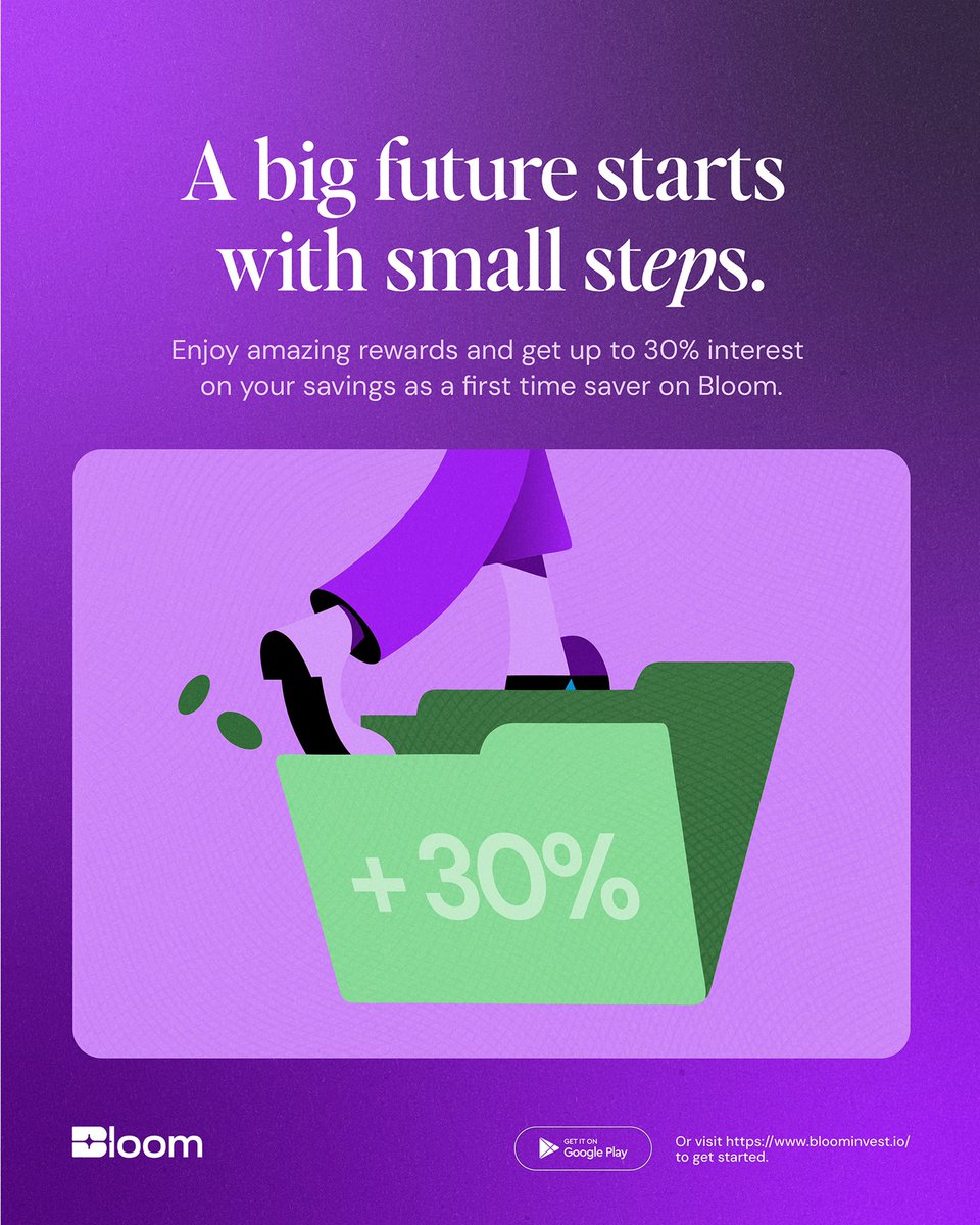 BloomvestHQ's tweet photo. Every big goal starts with one small action. Bloom rewards your first savings with up to 30% interest. This is your sign to get started. T&Cs apply 🧏♀️
#InvestInBloom #BloomSavings #BloomApp #FirstTimeSaver #SaveLikeAPro #Syarpa https://t.co/A4Vojgfjis