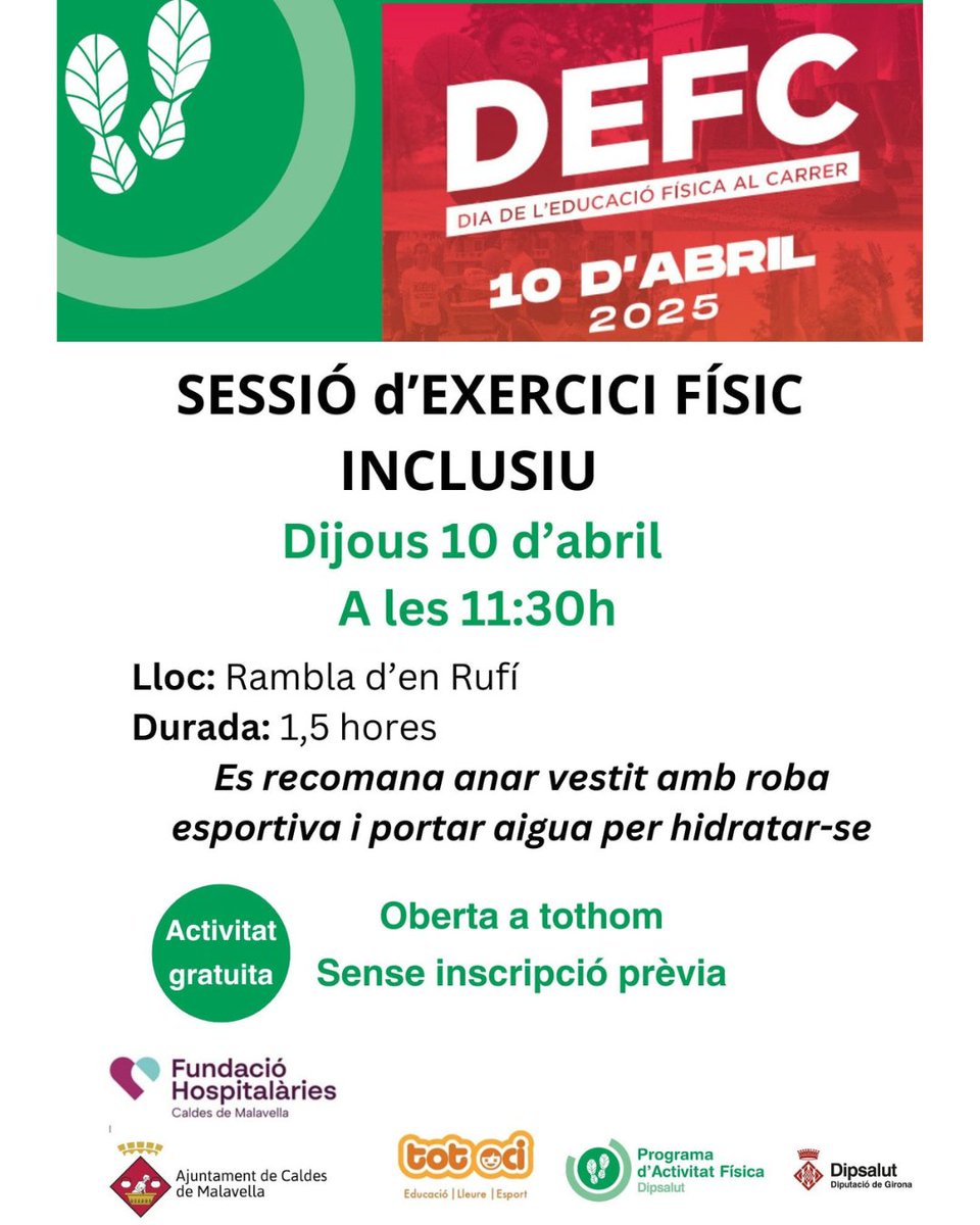 FHCaldes's tweet photo. Celebrem el Dia de l’Educació Física al Carrer amb una sessió inclusiva d’exercici aeròbic i de tonificació, dinamitzada per @Dipsalut i amb el suport de l'@AjCMalavella 

📍 Rambla d’en Rufí
🗓 Dijous 10 d’abril
⏰ 11:30 a 13 h
✅ Activitat gratuïta sense inscripció prèvia https://t.co/FzVyHg0dwy