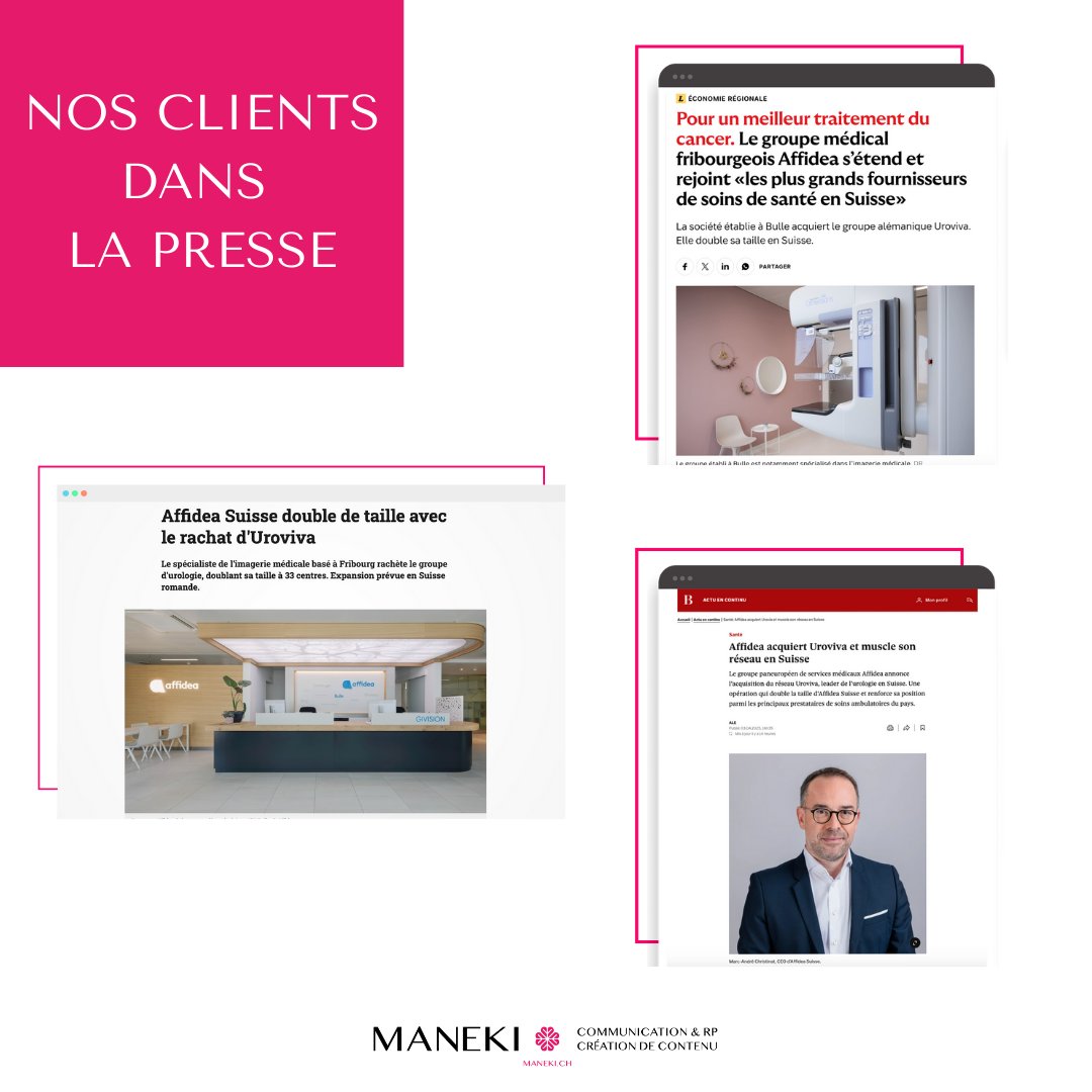 maneki_rp's tweet image. 𝗡𝗼𝘀 𝗰𝗹𝗶𝗲𝗻𝘁𝘀 𝗱𝗮𝗻𝘀 𝗹𝗮 𝗽𝗿𝗲𝘀𝘀𝗲 | @affidea_ch acquiert le groupe #Uroviva, le plus important réseau d’urologie de Suisse, doublant ainsi de taille en Suisse passant de 17 à 33 centres et de 450 à 700 employés. @laliberte @bilanmagazine #frappfribourg #santé