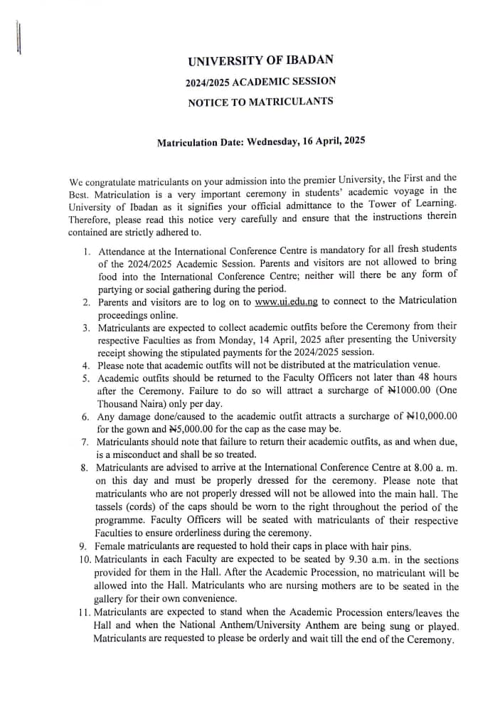edutalk_hub's tweet photo. 📌UNIVERSITY OF IBADAN (UI) ANNOUNCES UNDERGRADUATE MATRICULATION CEREMONY FOR THE 2024/2025 ACADEMIC SESSION
#edutalk_hub #universityofibadan #matriculation2024 #admissionprocessing https://t.co/U9FIIoIrKQ