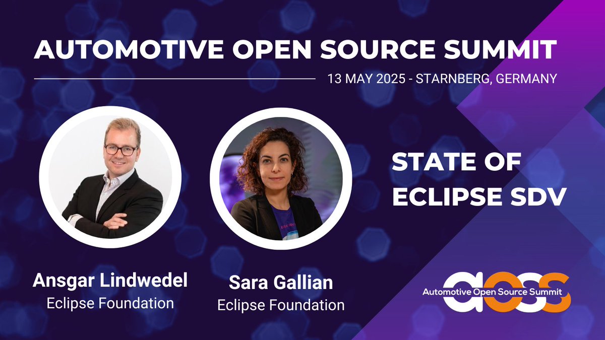 EclipseFdn's tweet photo. 🚗 Ansgar Lindwedel, Director SDV Ecosystem Development and Sara Gallian, Senior Manager, SDV & Automotive Programs at the Eclipse Foundation, will provide an update on the state of Eclipse SDV at the Automotive Open Source Summit 2025.
#AOSS25 #SDV #automotive #opensource https://t.co/ATlvkmeXa1