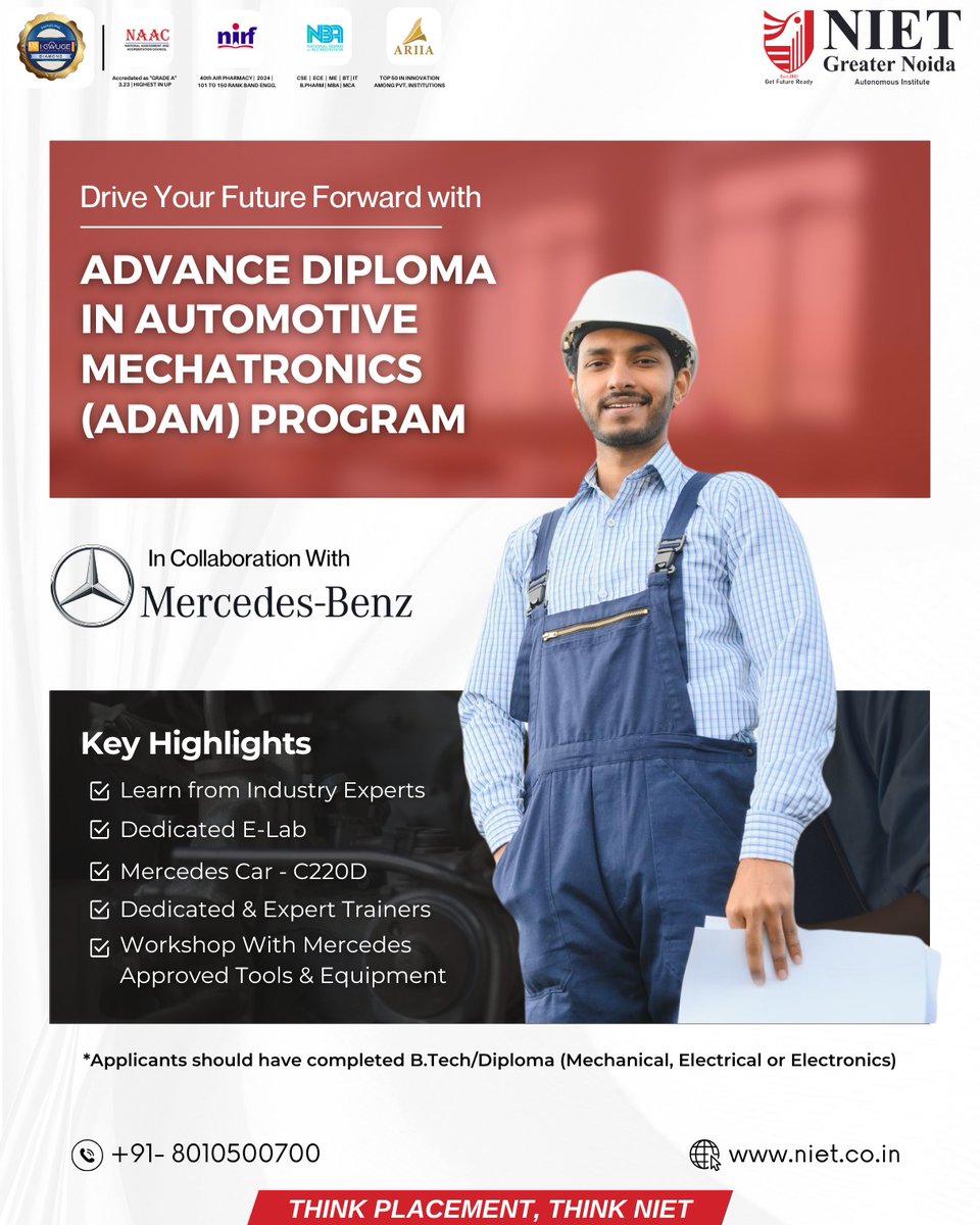 niet_grnoida's tweet image. Drive Your Career with Precision and Power!
Join the Advance Diploma in Automotive Mechatronics (ADAM) Program at NIET Greater Noida, in collaboration with Mercedes-Benz. 

#Niet #ThinkPlacementThinkNIET #AutomotiveMechatronics #MercedesBenzTraining #NIETGreaterNoida