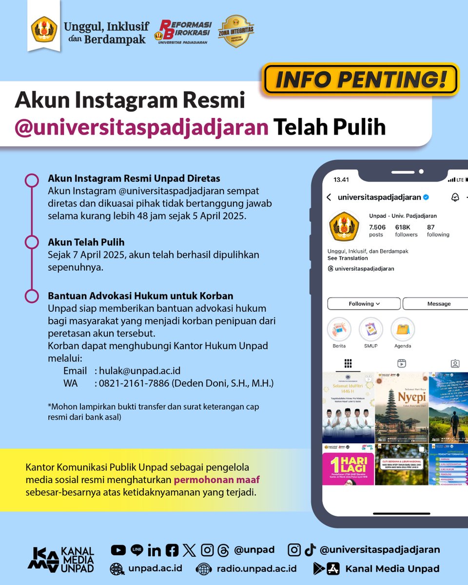 Setelah sempat diretas dan dikuasai oleh pihak tidak bertanggung jawab, kini akun instagram ini telah dipulihkan sepenuhnya. Kejadian tersebut sangat disayangkan, seharusnya tidak terjadi. Kami memohon maaf sebesar-besarnya atas kerugian dan ketidaknyamanan yang terjadi.