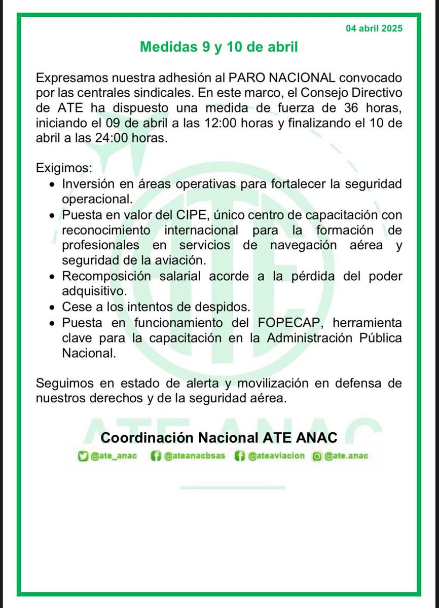 ATE_ANAC's tweet photo. #ATEANACinformATE #ATEANACreclama
👉Adherimos al #ParoGeneral
desde las 12 hs del 9/4 hasta las 24 hs del 10/4.
🥁MOVILIZAMOS al 🏛️Congreso de la Nación concentrando a las 15hs en 📍Rivadavia y Montevideo
#EsConATE https://t.co/ZWgKTfUEPT