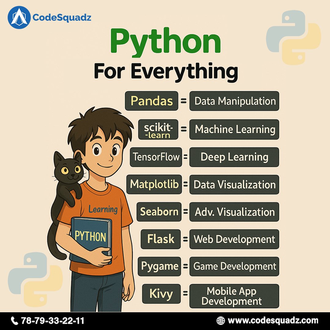 appsquadzedu's tweet image. Python For Everything – Learn it with CodeSquadz
At CodeSquadz, we help you become a Python Pro with hands-on training and real-world projects.
📞 Call now: 78-79-33-22-11
🌐 codesquadz.com
#codesquadz #python #pythonlove #learnpython #python #gamedev #datascience