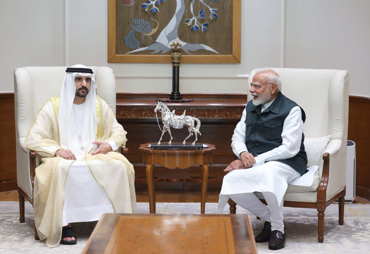 narendramodi's tweet image. Glad to meet HH Sheikh Hamdan bin Mohammed bin Rashid Al Maktoum, the Crown Prince of Dubai. Dubai has played a key role in advancing the India-UAE Comprehensive Strategic Partnership. This special visit reaffirms our deep-rooted friendship and paves the way for even stronger…