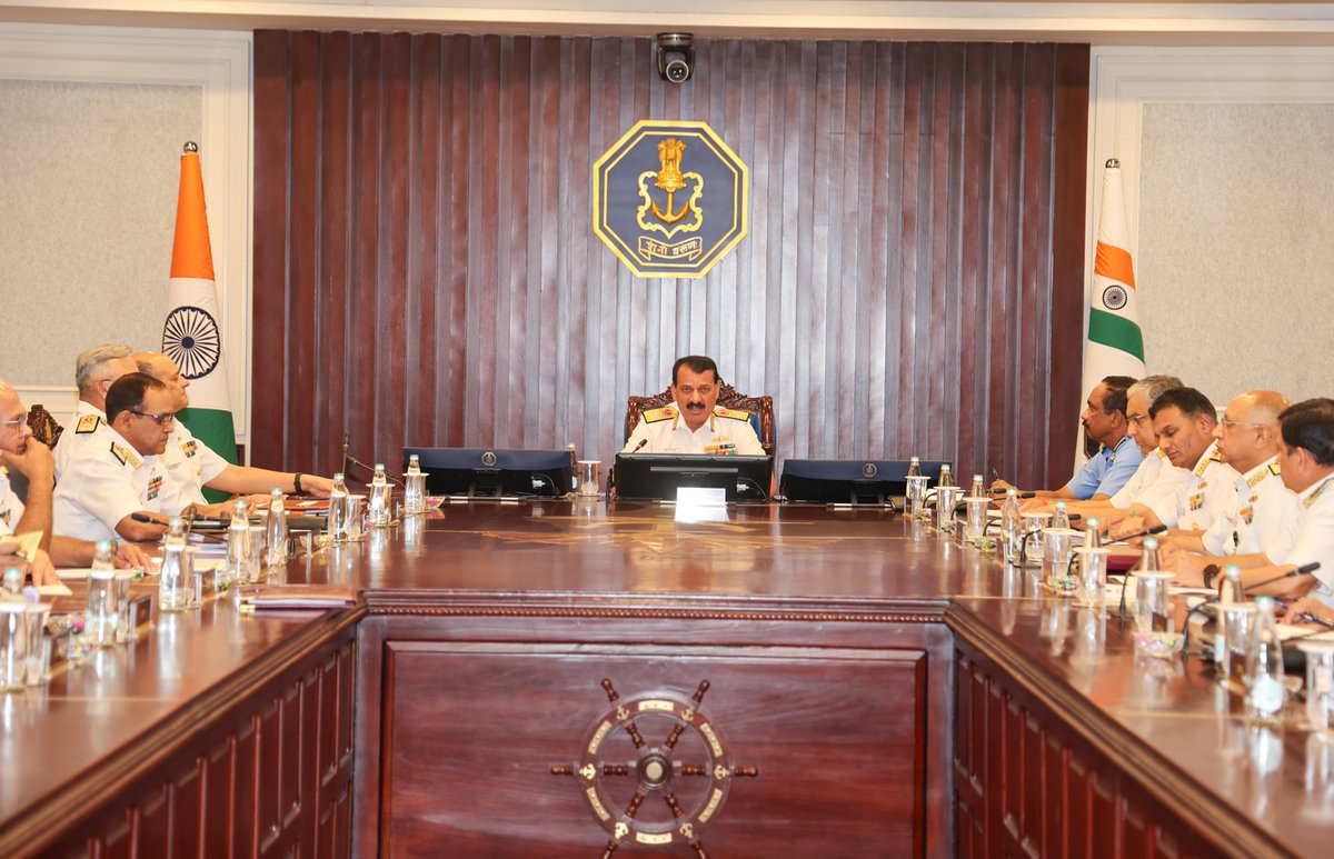 indiannavy's tweet photo. Phase II of the First Edition of the Naval Commanders' Conference 2025, commenced at the Nausena Bhawan, New Delhi, #07Apr 25, with the inaugural address by Adm Dinesh K Tripathi #CNS. 

Speaking to the outstation Operational & Area Commanders, and the Staff of the Command & Naval Headquarters, #CNS commended the achievements of the Navy in maintaining a #CombatReady force through the conduct of successful operational exercises, higher operational availability of platforms and joint operations with the #IndianArmy and the #IndianAirforce.

Highlighting the contribution to the domestic ship building industry and increased culture of innovation and creativity, CNS laid emphasis on continued focus on adapting emerging technologies to build a #FutureReady Force.

CNS reiterated the #IndianNavy's obligation in the #IndianOceanRegion in the emerging Geopolitical scenario and importance of #Cohesive and #Credible approach by engaging in multilateral and bilateral exercises and supporting littoral countries through activities such as #OperationBrahma and deployment of #IOS_Sagar which was flagged off during Phase 1 of the Commanders' Conference.

CNS directed the staff to maintain focus on seven key areas - War Fighting & Combat Efficiency, Force Levels & Capacity Development, Fleet Maintenance & Op Logistics, Innovation & Integration of New Technologies, Balanced Workforce Development, Operational & Organisational Agility and Synergy with other National agencies and stakeholders.