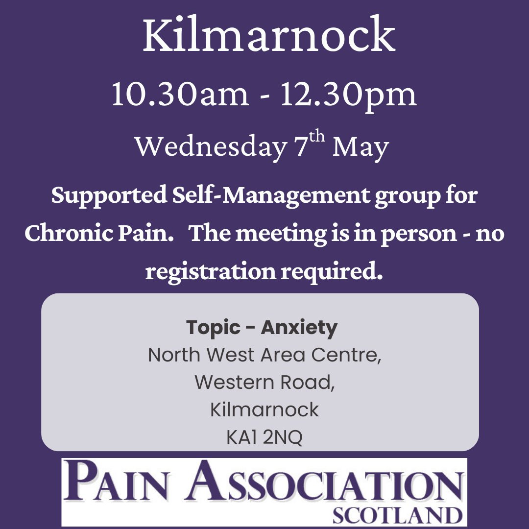 Pain Association (@painassocscot) on Twitter photo Next Kilmarnock meeting will be face to face
Meetings details 👇
To sign up 👇
bit.ly/3suRNrn
<a href="/SoniaCottom/">Prof Sonia Cottom</a> <a href="/NHSaaa/">NHS Ayrshire & Arran</a> @EAHSCP <a href="/EastAyrshire/">East Ayrshire</a> <a href="/EALeisure/">EastAyrshireLeisure</a> <a href="/NHSAAAPharmacy/">NHS Ayrshire & Arran Pharmacy</a> <a href="/ScotCLWnetwork/">Scottish Community Link Worker Network</a> <a href="/NHSAAALibrary/">NHS A&A Library & Knowledge Services</a> <a href="/Dirrans_centre/">Dirranscentre@nahscp</a> <a href="/alissprogramme/">ALISS</a> Next Kilmarnock meeting will be face to face
Meetings details 👇
To sign up 👇
bit.ly/3suRNrn
<a href="/SoniaCottom/">Prof Sonia Cottom</a> <a href="/NHSaaa/">NHS Ayrshire & Arran</a> @EAHSCP <a href="/EastAyrshire/">East Ayrshire</a> <a href="/EALeisure/">EastAyrshireLeisure</a> <a href="/NHSAAAPharmacy/">NHS Ayrshire & Arran Pharmacy</a> <a href="/ScotCLWnetwork/">Scottish Community Link Worker Network</a> <a href="/NHSAAALibrary/">NHS A&A Library & Knowledge Services</a> <a href="/Dirrans_centre/">Dirranscentre@nahscp</a> <a href="/alissprogramme/">ALISS</a>