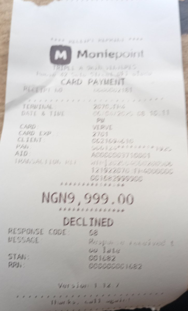 Adeokin00's tweet photo. @moniepointng I had transaction DECLINE with MONIPOINT ATM on MONIPOINT POS and the money was not DELIVERED NOR REFUND/REVERSE on Sunday 06 of April, 2025. https://t.co/gjJe5m7qSz