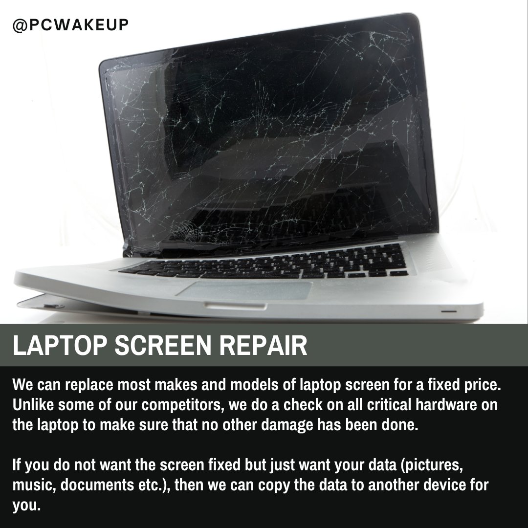 Got a broken laptop screen? 🖥️ Don't worry, we can fix it! Bring your laptop to us, and we'll have it looking like new in no time. Fast, reliable, and affordable screen repairs are just a visit away! #PCWakeup #Ipswich #Suffolk