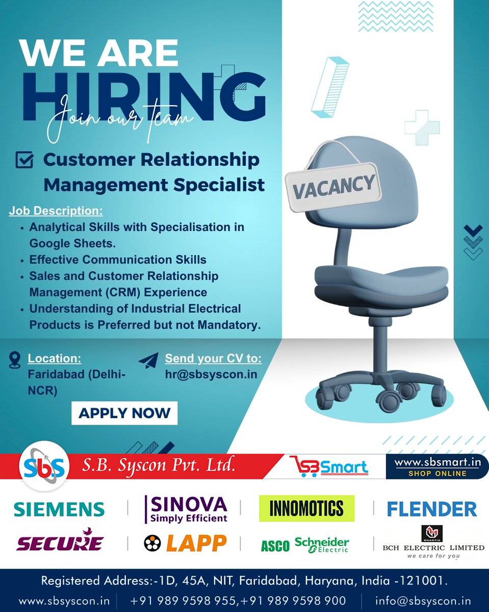SBSyscon's tweet image. #HiringAlert

We are seeking a Qualified Customer Relationship Management Specialist to join our prestigious Organization. 

The ideal candidate will be expected to fulfill the following qualifications and experience:

Submit your CV at hr@sbsyscon.in ! 

#Hiring #JobPosts