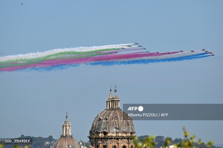 Frecce Tricolori and Red Arrows aerobatic units perform in the sky of Rome during the state visit of Britain's King Charles III and Queen Camilla in Italy