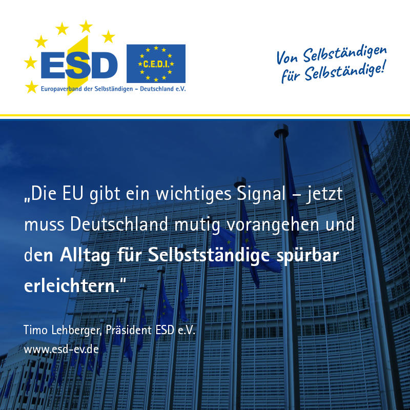 🇪🇺 Die #EU startet eine Vereinfachungsoffensive – der ESD begrüßt das!
Jetzt muss die 🇩🇪 Bundesregierung nachziehen und besonders Kleinstunternehmen &amp; #Soloselbstständige entlasten.
📣 „Weniger Bürokratie darf kein EU-Versprechen bleiben.“
➡️ bit.ly/43LoxAq