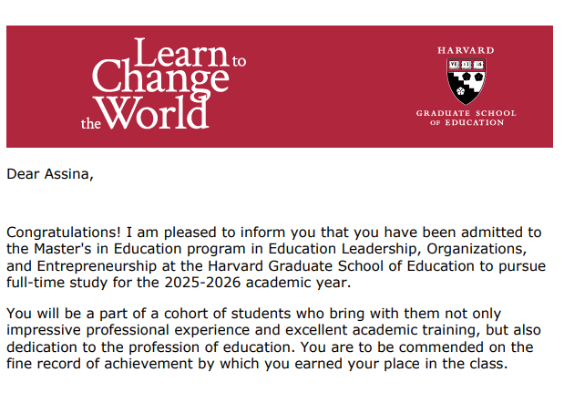 assimay's tweet photo. Heureuse nouvelle : j’ai été admise à Harvard pour un Master en Education Leadership ! Une grande opportunité pour moi et notre pays. 🎓

J’ai reçu une bourse partielle et j'ai besoin de vous pour concrétiser ce projet. Plus de détails sur https://t.co/osLSTHOyGd
MERCI https://t.co/9jtKL5GMbY
