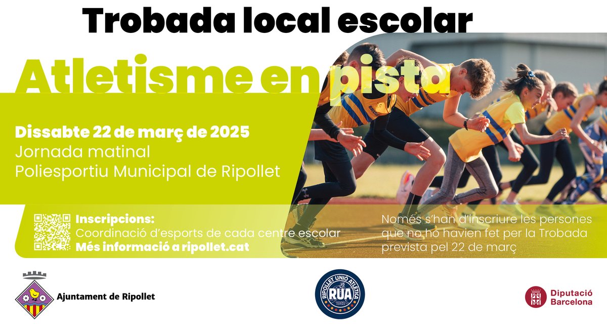 Fins aquest divendres podeu realitzar la inscripció per a participar a la Trobada local escolar d’atletisme en pista, que tindrà lloc el pròxim dissabte, 26 d’abril, al Poliesportiu Municipal i que va ser ajornada per la pluja el passat 22 de març.  
ripollet.cat/serveis/esport…